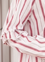 Red Casual Striped V Neck Long Sleeve Loose Ruffle Blouse With Drawstring