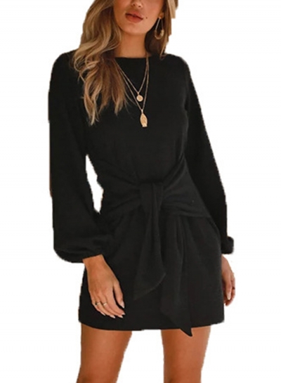 Black Round Neck Lantern Sleeve Bow Tie Solid Color Mini Dress LZDINTECOMMERCE.com