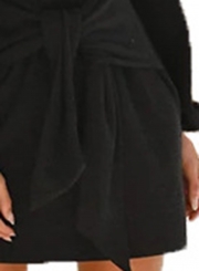 Black Round Neck Lantern Sleeve Bow Tie Solid Color Mini Dress
