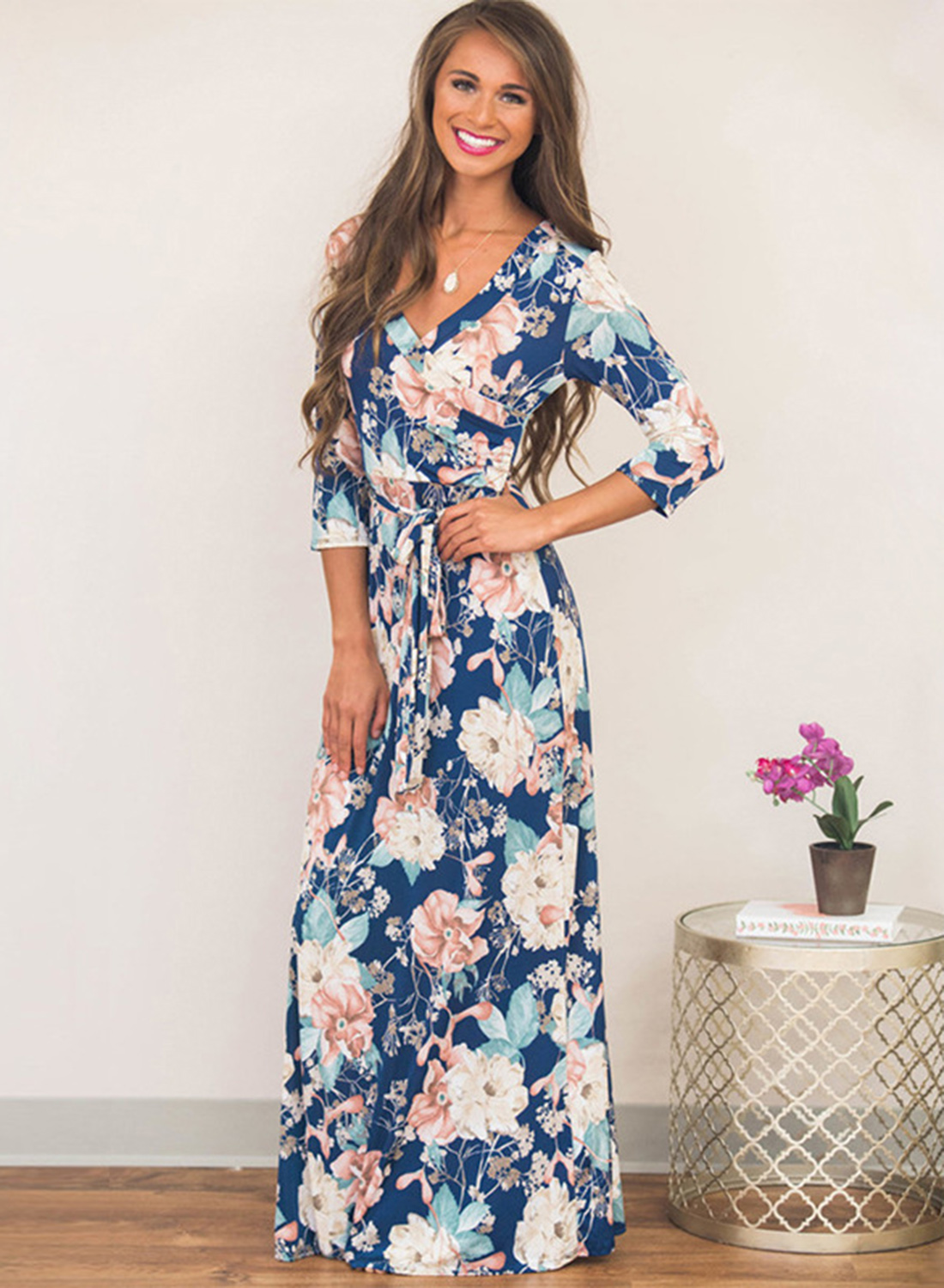 Women's Three Quarter Length Sleeve Floral Print Dress - STYLESIMO.com