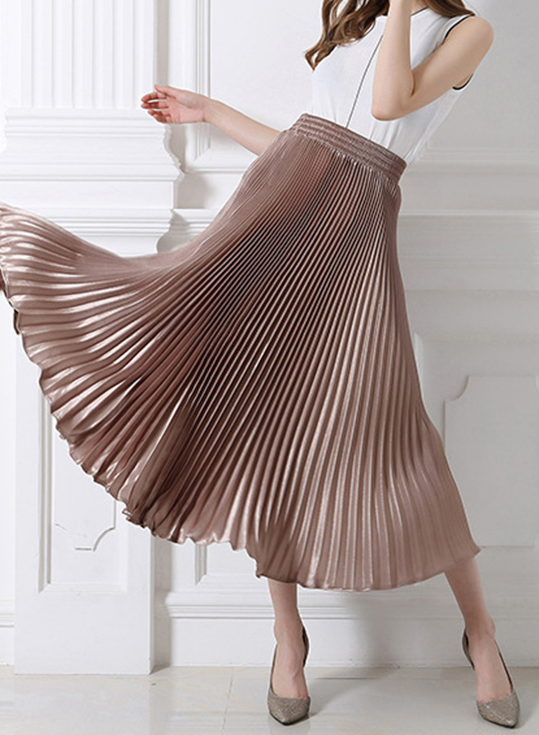 Women's Fashion High Elastic Waist Pleated Maxi Dress - STYLESIMO.com