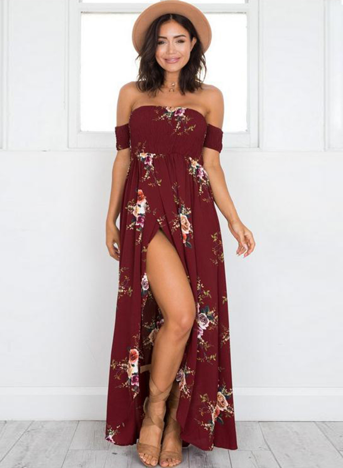 Boho Floral Off Shoulder Split Maxi Dress - STYLESIMO.com