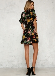 Deep V Neck Flounce Floral Printed Dress