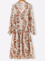 Floral Printed Long Sleeve V Neck Front Buttons Waist Tie Maxi Dress