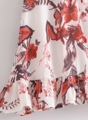 Chiffon Floral Lace-Up Short Sleeve V Neck Ruffle Hem A-line Mini Dress