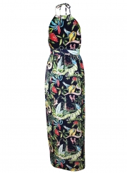 Fashion Boho Floral Printed Halter Backless Waist Tie Slit Maxi Dress
