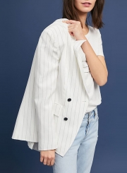 White Casual Striped Long Sleeve Turn-Down Collar Button Down Loose Suit