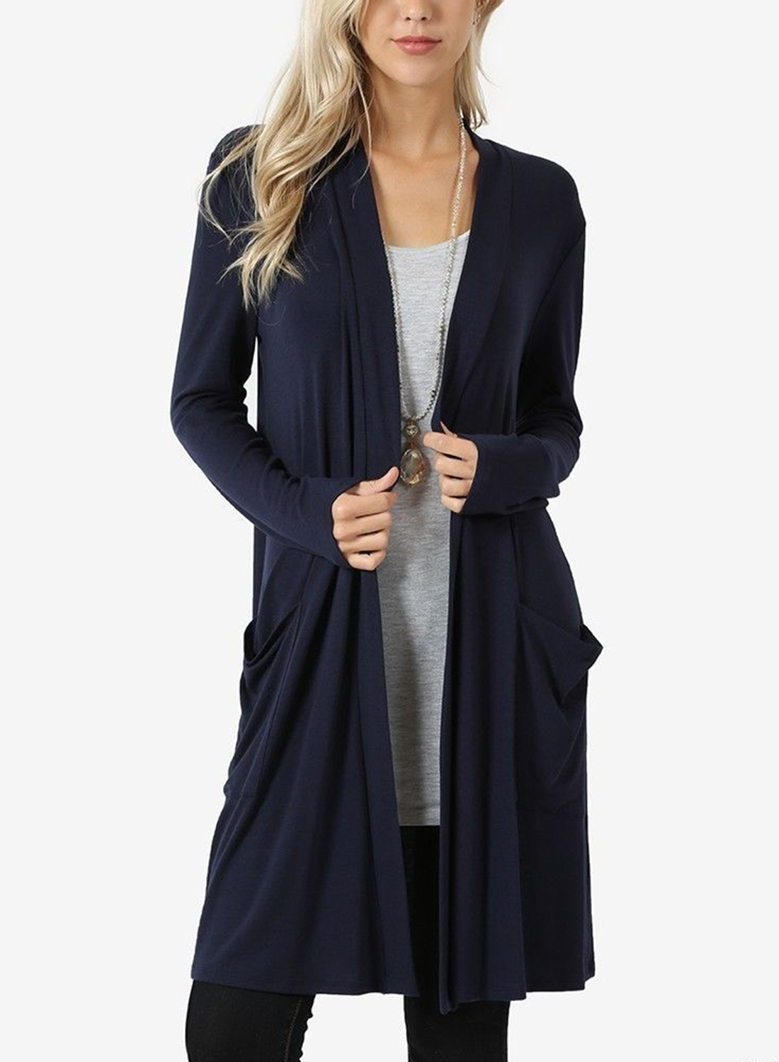 Navy Casual Long Sleeve Open Front Cardigan With Pockets - STYLESIMO.com